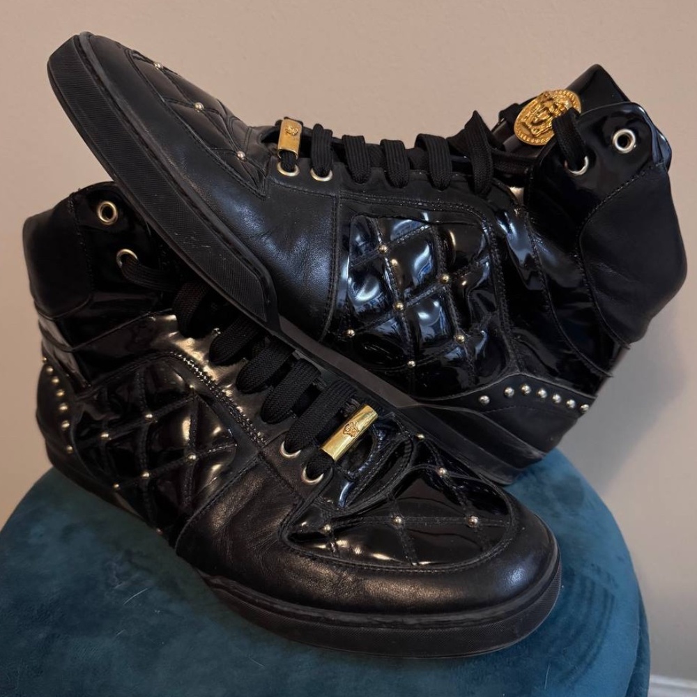 Men's Limited Edition Versace Patent Black‎ Leather Gold Studded Sneakers